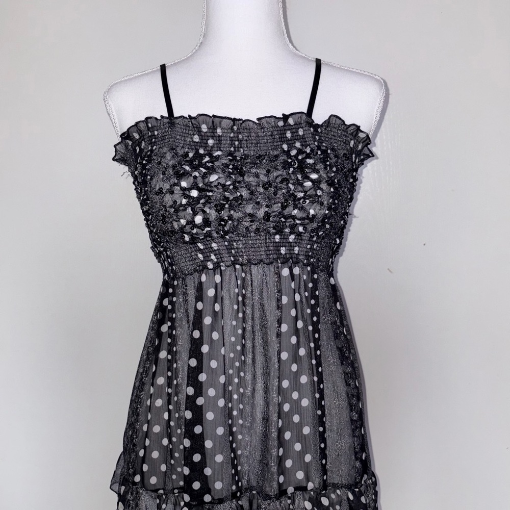 Black Polka Dot Smocked Babydoll Top With Sequins